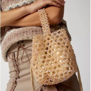 Beaded Mini Bucket Bag in Champagne